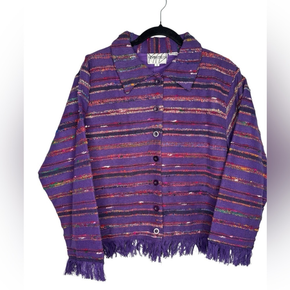 NEW Silver Stream Plum Purple Fringed Textured Bohemian Fall Cotton Jacket Small